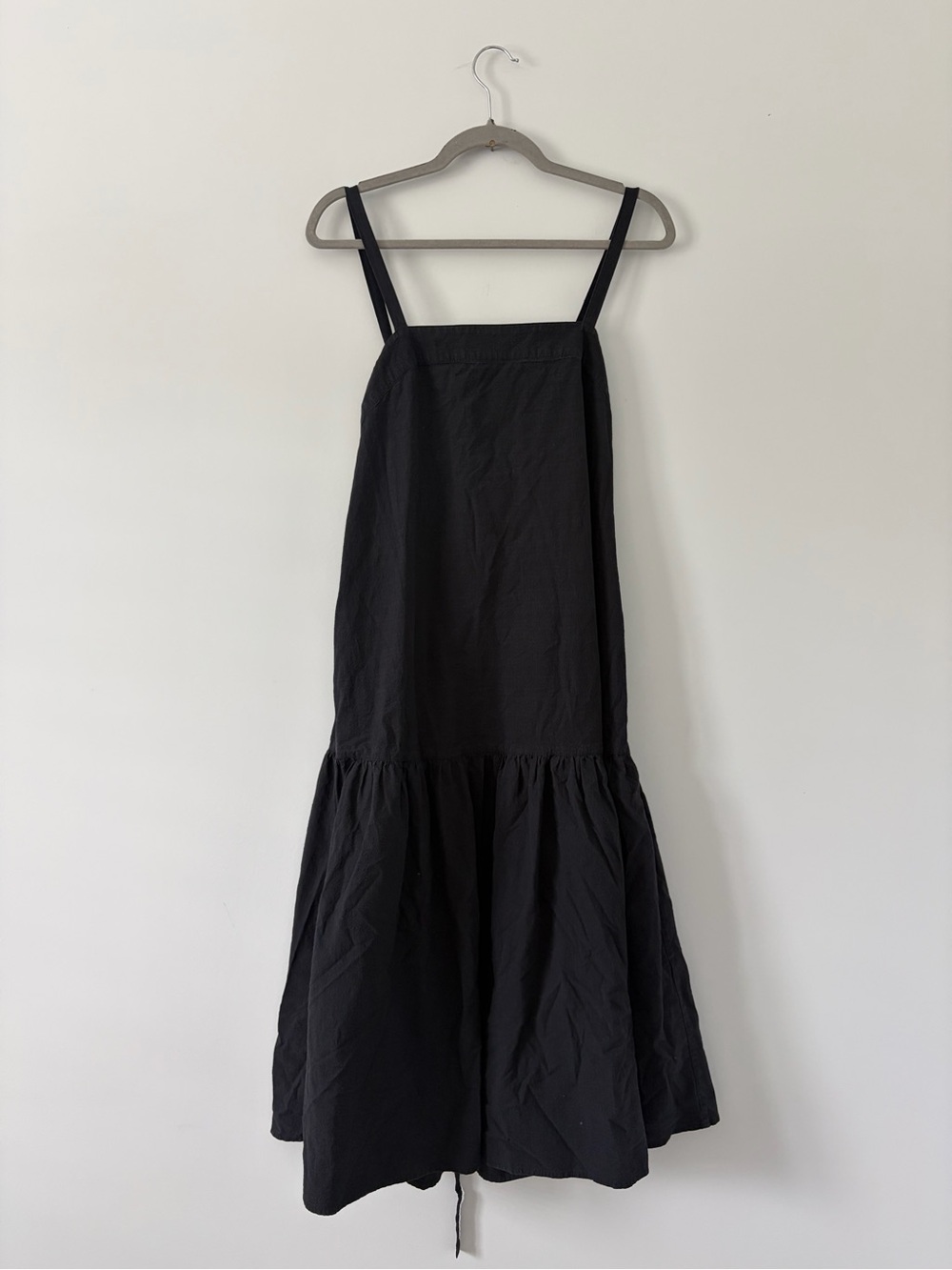 Everlane Black Pinafore Tie Back Drop Waist Textured Cotton Boho Midi Dress 6